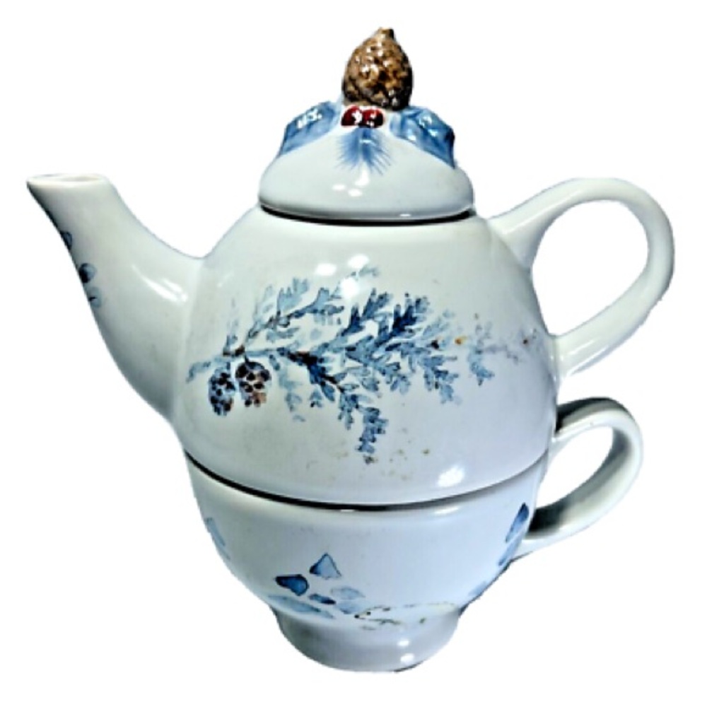 Pfaltzgraff Winter Frost Pattern Duo Tea Pot & Cup Pine Bough Polar Bear RETIRED
